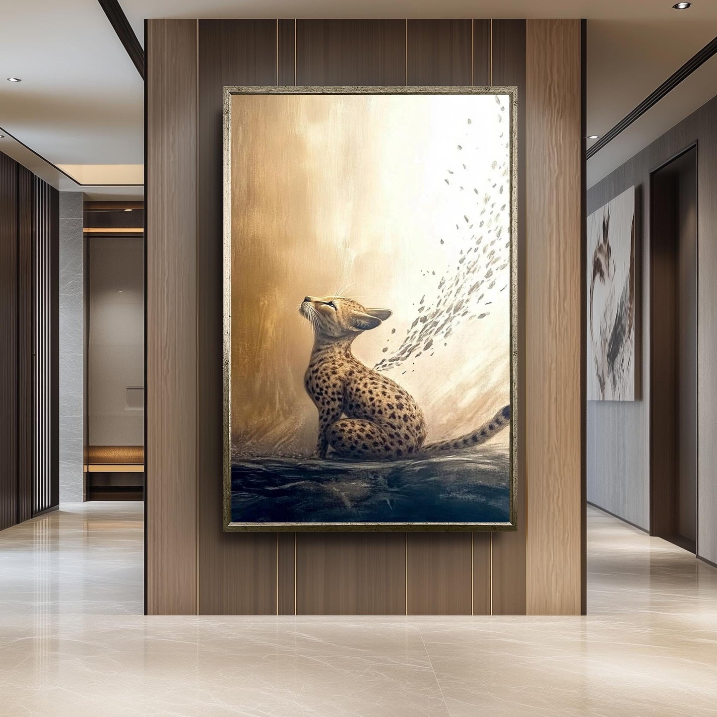 Elegant Cheetah Artwork, Golden Animal Wall Art, Dreamy Wildlife Painting, Abstract Big Cat Decor, Majestic Nature-Inspired Print, Wall Art