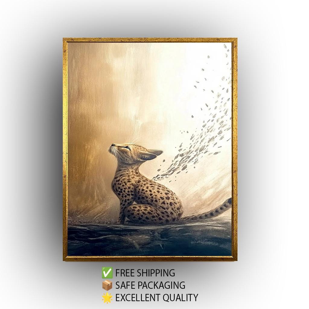Elegant Cheetah Artwork, Golden Animal Wall Art, Dreamy Wildlife Painting, Abstract Big Cat Decor, Majestic Nature-Inspired Print, Wall Art