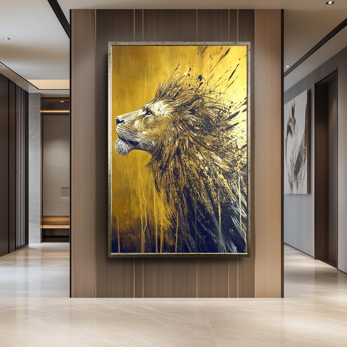 Golden Lion Abstract Painting, Majestic Animal Wall Art, Hand Painted Modern Wildlife Canvas, Bold Gold and Black Decor, Regal Lion Gift