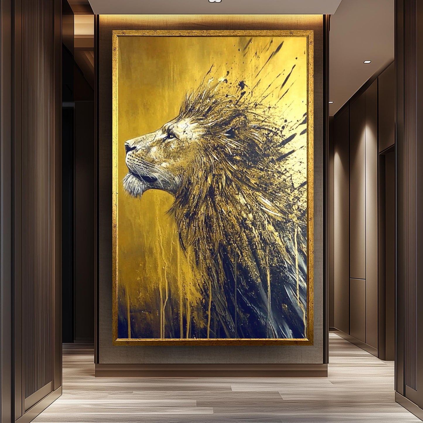 Golden Lion Abstract Painting, Majestic Animal Wall Art, Hand Painted Modern Wildlife Canvas, Bold Gold and Black Decor, Regal Lion Gift