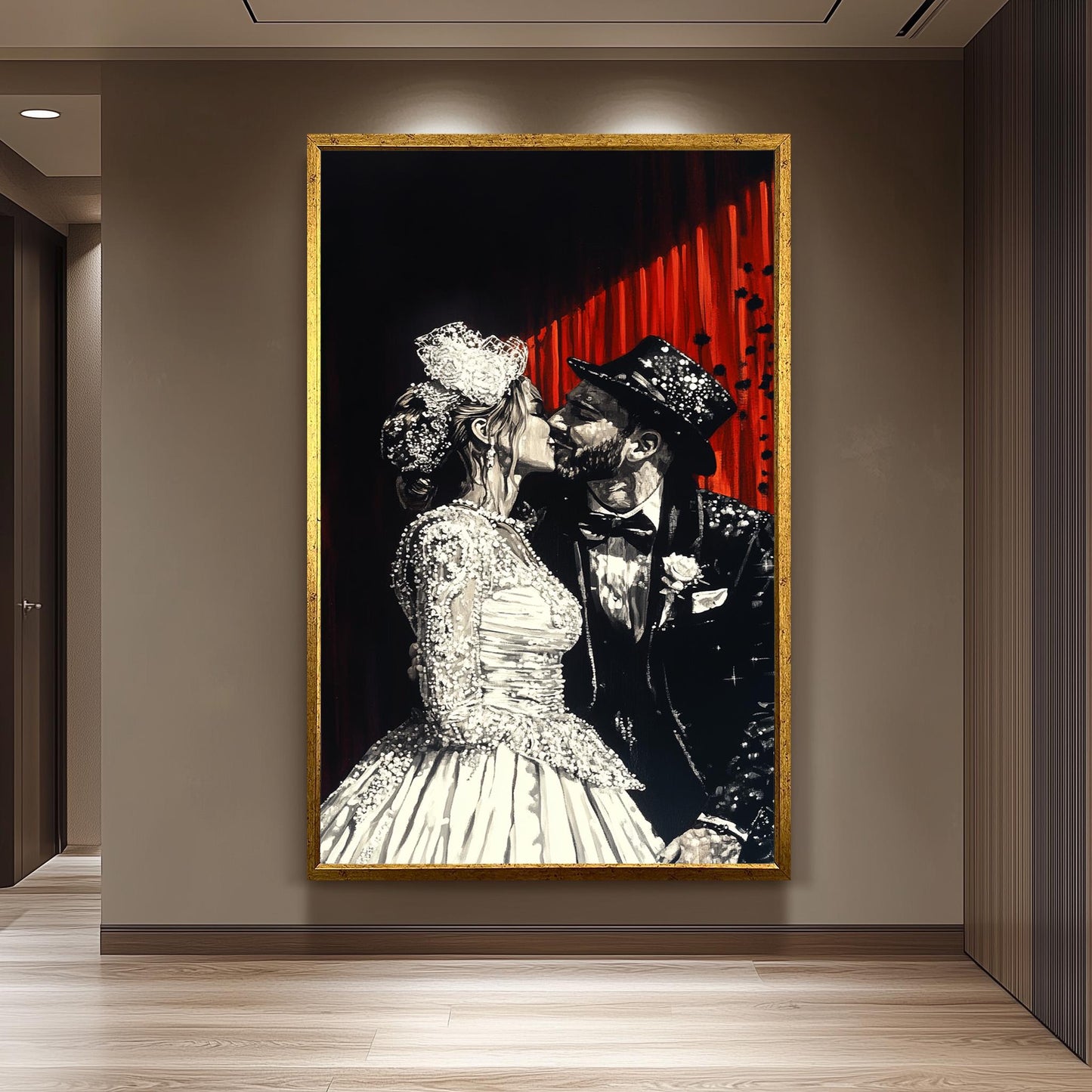 Elegant Wedding Couple Painting, Romantic Black and White Art, Hand Painted Bride and Groom Canvas, Classic Love Portrait, Unique Gift