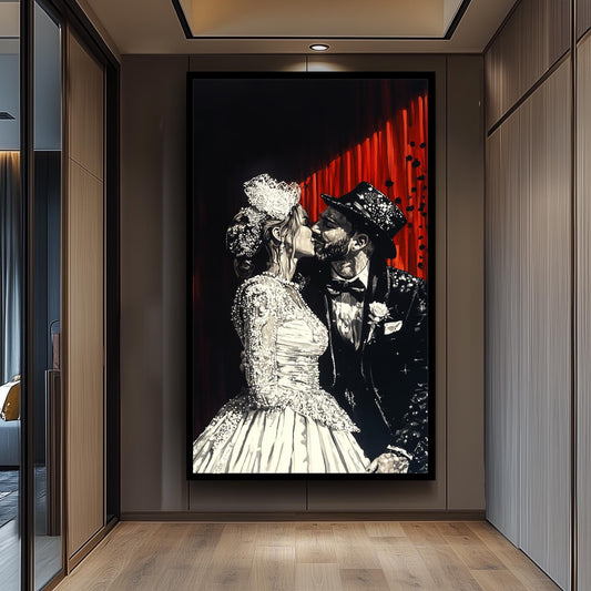 Elegant Wedding Couple Painting, Romantic Black and White Art, Hand Painted Bride and Groom Canvas, Classic Love Portrait, Unique Gift