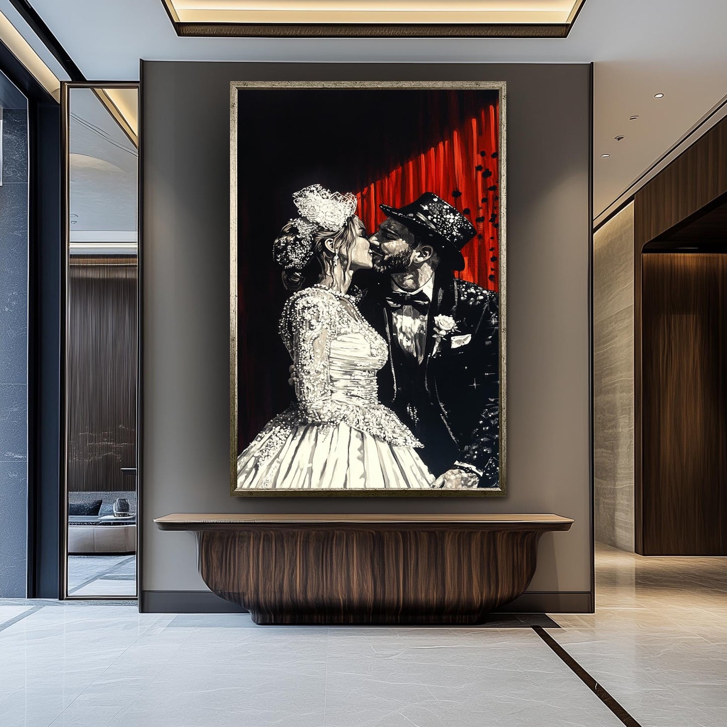 Elegant Wedding Couple Painting, Romantic Black and White Art, Hand Painted Bride and Groom Canvas, Classic Love Portrait, Unique Gift