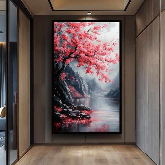 Japanese Cherry Blossom Painting, Tranquil Sakura Landscape Art, Sakura Wall Art Nature Canvas, Textured Floral Wall Decor, Zen Home Gift