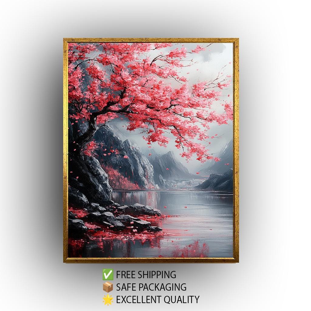 Japanese Cherry Blossom Painting, Tranquil Sakura Landscape Art, Sakura Wall Art Nature Canvas, Textured Floral Wall Decor, Zen Home Gift