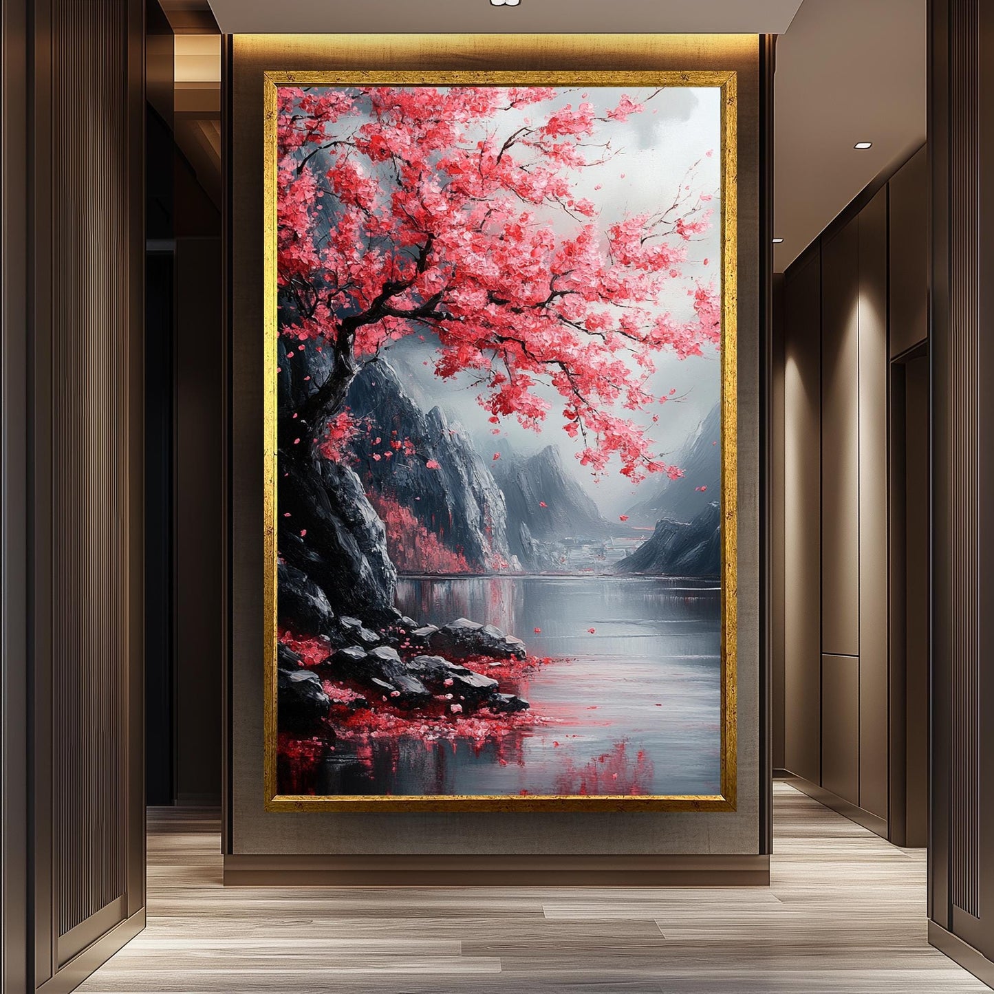 Japanese Cherry Blossom Painting, Tranquil Sakura Landscape Art, Sakura Wall Art Nature Canvas, Textured Floral Wall Decor, Zen Home Gift