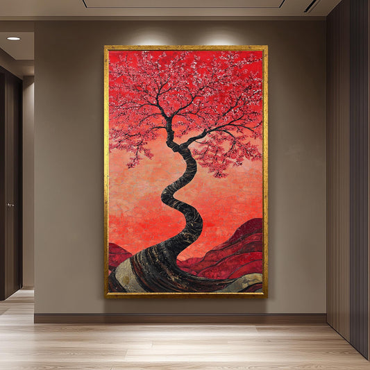 Red Cherry Blossom Tree Painting, Japanese Sakura Art, Hand Painted Textured Canvas, Elegant Floral Wall Decor, Zen Nature Home Gift