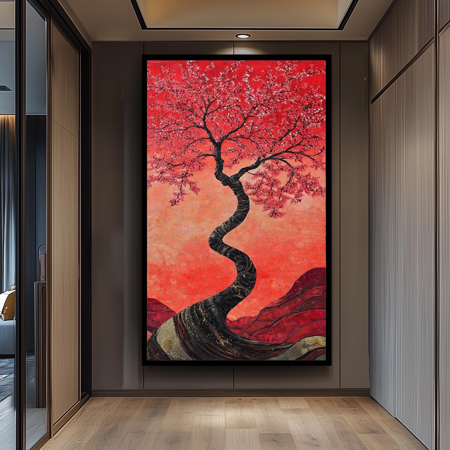 Red Cherry Blossom Tree Painting, Japanese Sakura Art, Hand Painted Textured Canvas, Elegant Floral Wall Decor, Zen Nature Home Gift