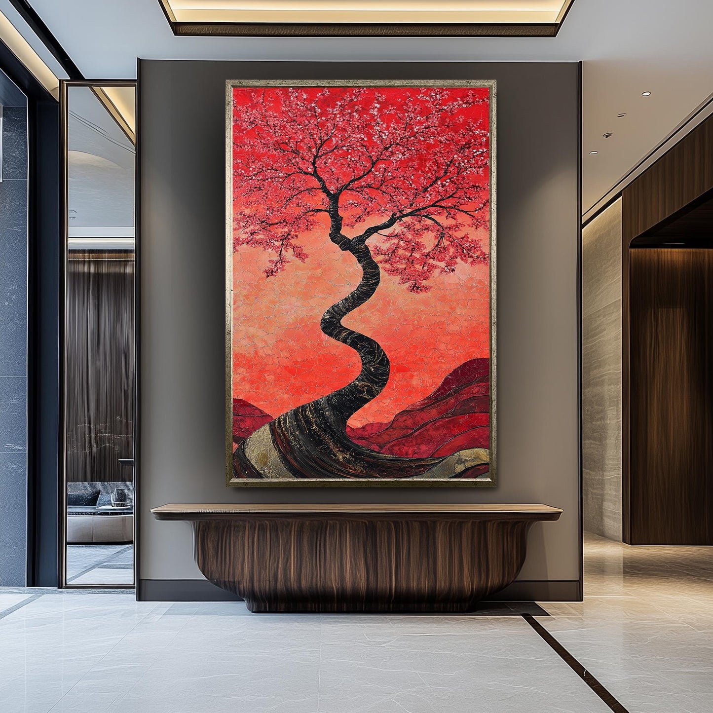 Red Cherry Blossom Tree Painting, Japanese Sakura Art, Hand Painted Textured Canvas, Elegant Floral Wall Decor, Zen Nature Home Gift