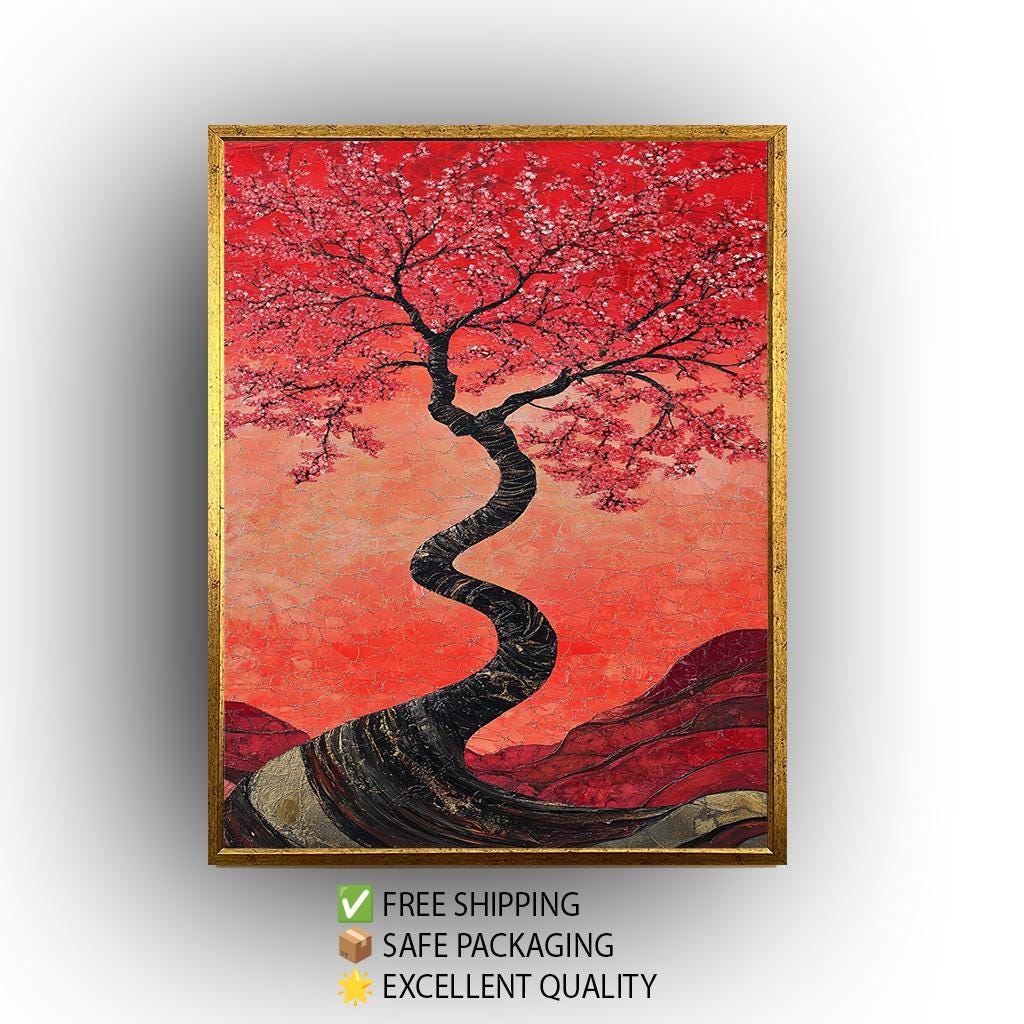 Red Cherry Blossom Tree Painting, Japanese Sakura Art, Hand Painted Textured Canvas, Elegant Floral Wall Decor, Zen Nature Home Gift