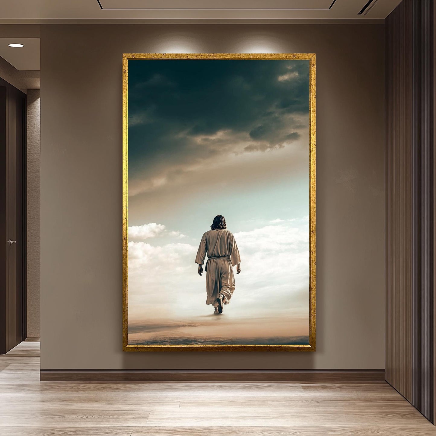 Jesus Walking on Clouds Canvas Art  Inspirational Christian Wall Print for Faithful Home Decor, Spiritual Gift or Heavenly Religious Accent