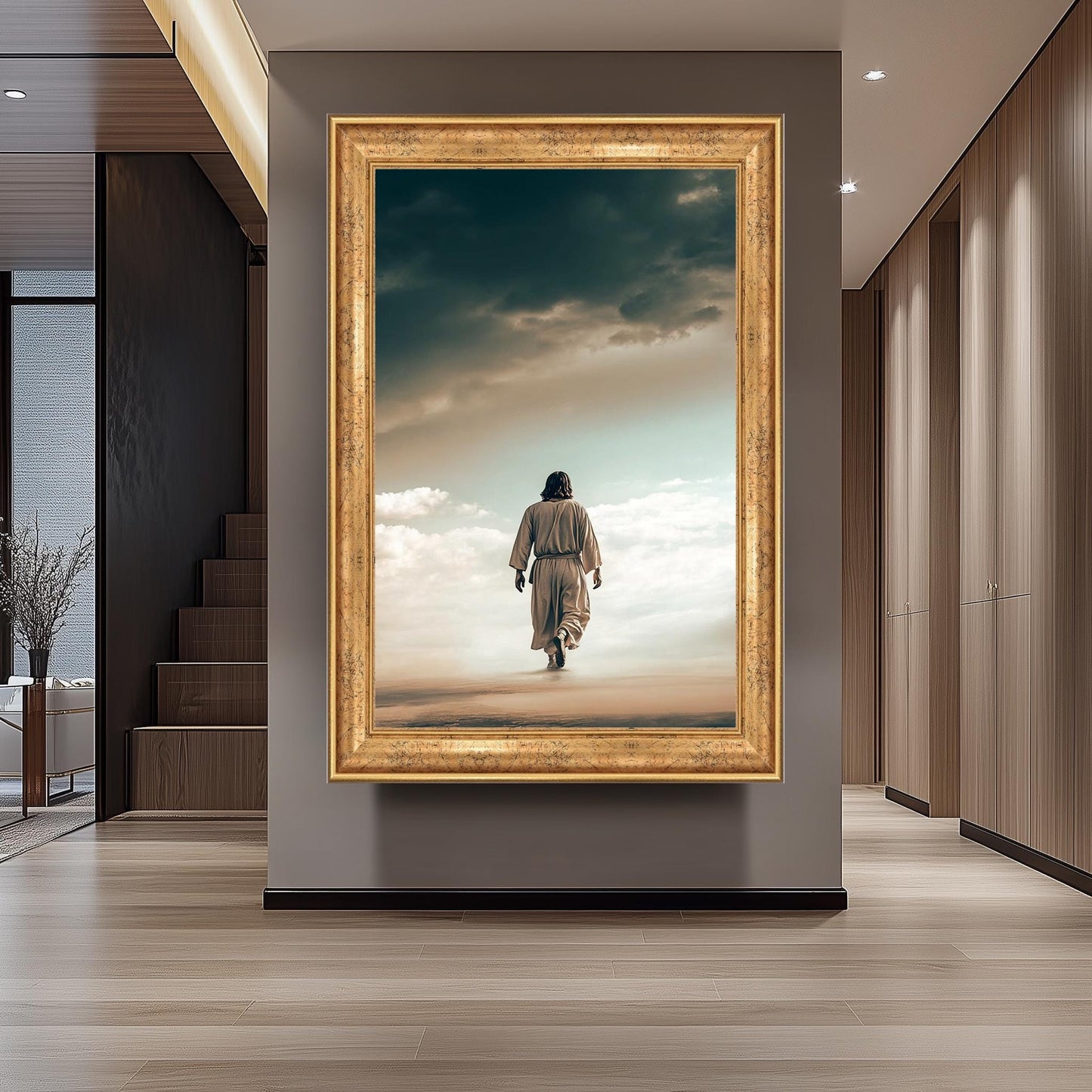 Jesus Walking on Clouds Canvas Art  Inspirational Christian Wall Print for Faithful Home Decor, Spiritual Gift or Heavenly Religious Accent