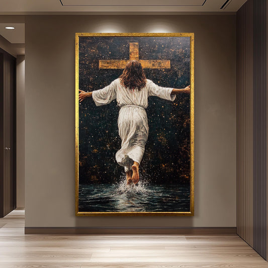 Jesus Walking Toward the Cross Canvas -Powerful Christian Wall Art on Water, Faith-Inspired Home Decor or Spiritual Religious Gift Jesus Art