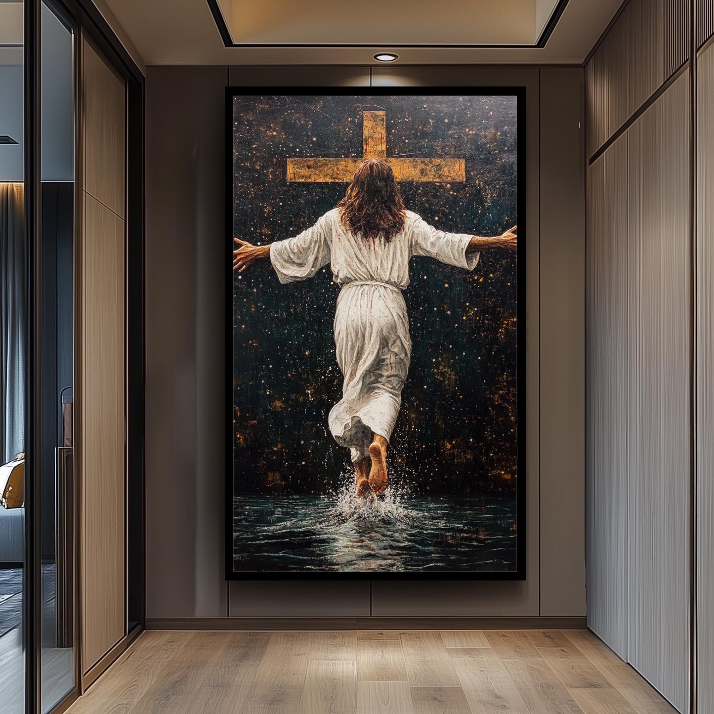 Jesus Walking Toward the Cross Canvas -Powerful Christian Wall Art on Water, Faith-Inspired Home Decor or Spiritual Religious Gift Jesus Art