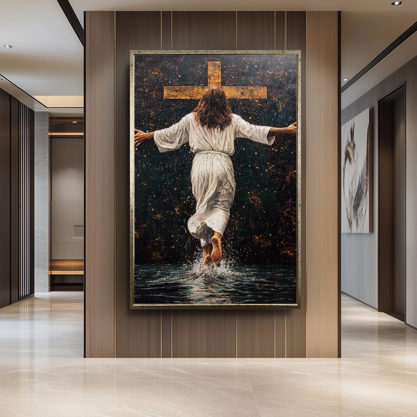 Jesus Walking Toward the Cross Canvas -Powerful Christian Wall Art on Water, Faith-Inspired Home Decor or Spiritual Religious Gift Jesus Art