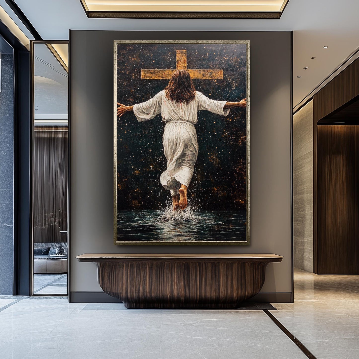Jesus Walking Toward the Cross Canvas -Powerful Christian Wall Art on Water, Faith-Inspired Home Decor or Spiritual Religious Gift Jesus Art