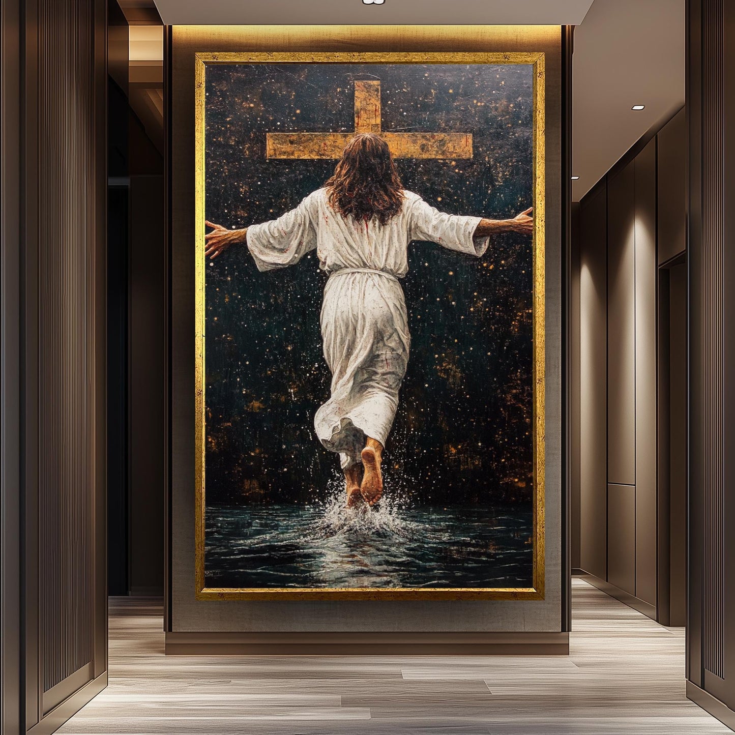 Jesus Walking Toward the Cross Canvas -Powerful Christian Wall Art on Water, Faith-Inspired Home Decor or Spiritual Religious Gift Jesus Art
