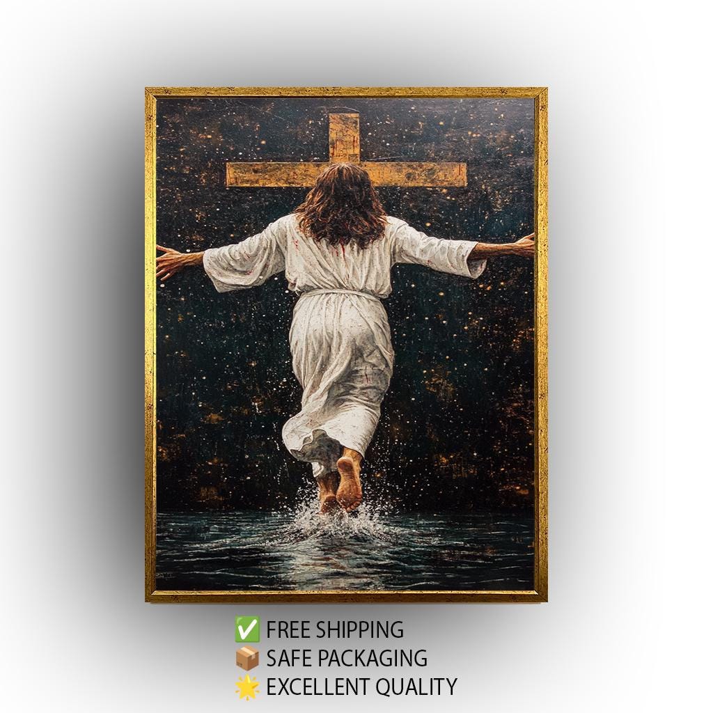 Jesus Walking Toward the Cross Canvas -Powerful Christian Wall Art on Water, Faith-Inspired Home Decor or Spiritual Religious Gift Jesus Art