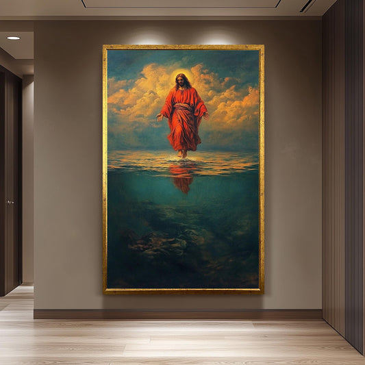 Jesus Walking on Water in Red Robe Canvas  Bold Christian Wall Art for Faith-Inspired Home Decor, Religion Jesus Wall Art, Jesus On Water.
