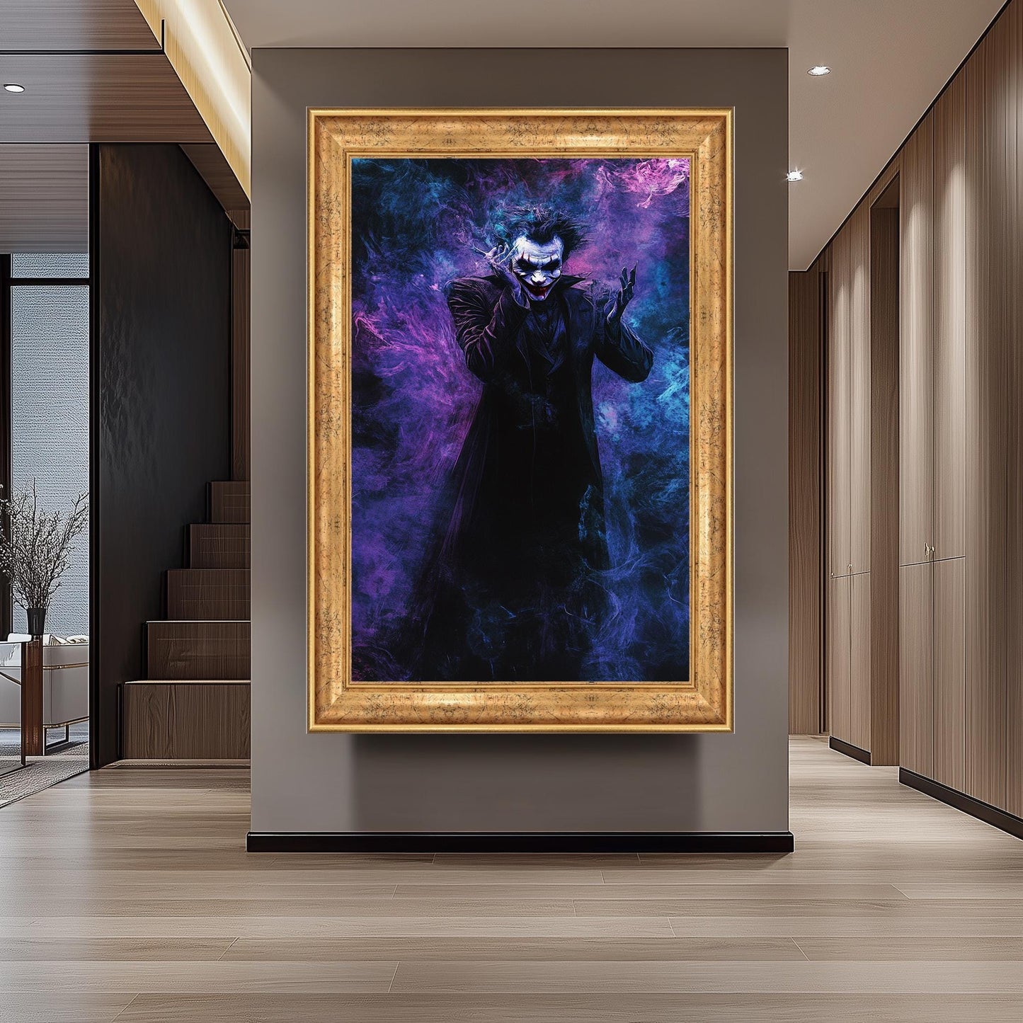 Dark Clown Abstract Canvas Wall Art  Mysterious Smoke Artwork for Comic Fans, Villain-Inspired Decor or Gothic Pop Culture Gift Idea