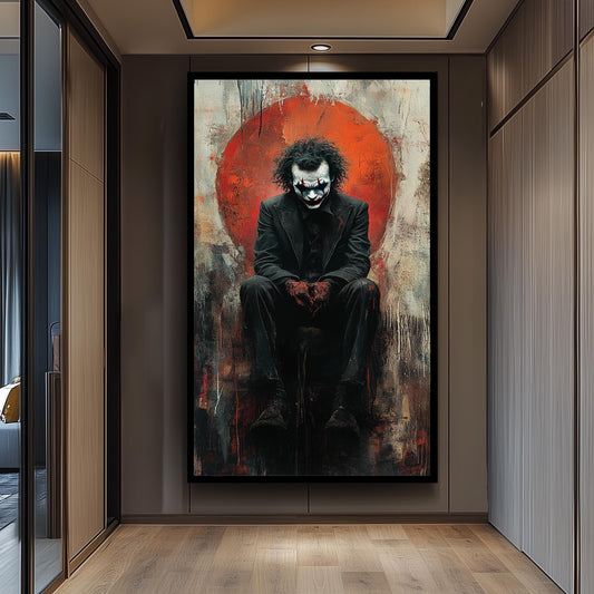 Dark Clown Sitting Canvas Art  Gritty Abstract Villain Painting with Red Chaos, Gothic Pop Culture Wall Decor or Moody Fan Gift