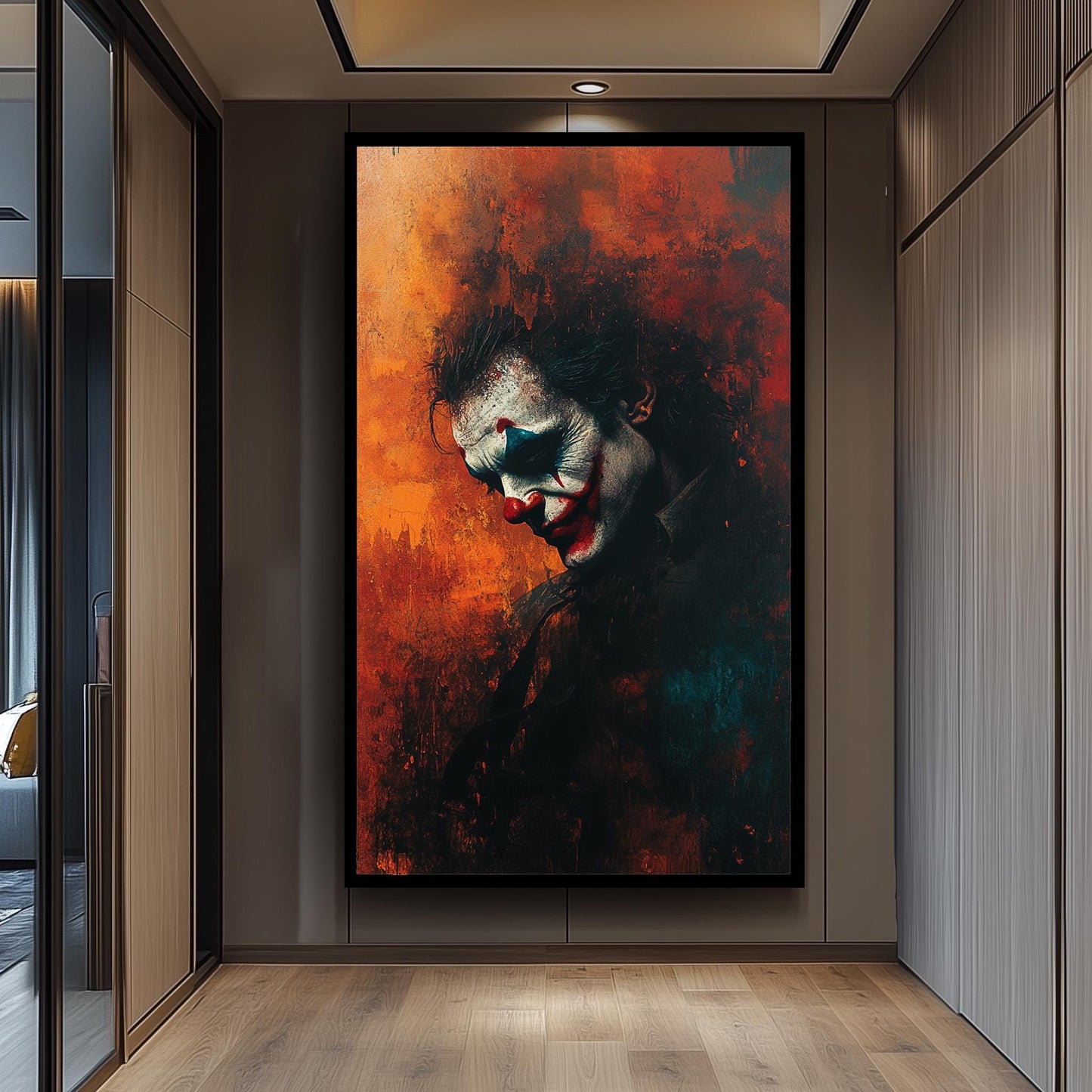 Sad Clown Canvas Wall Art  Emotional Abstract Painting with Fiery Orange Background, Gothic Home Decor or Unique Pop Culture Gift Clown Art