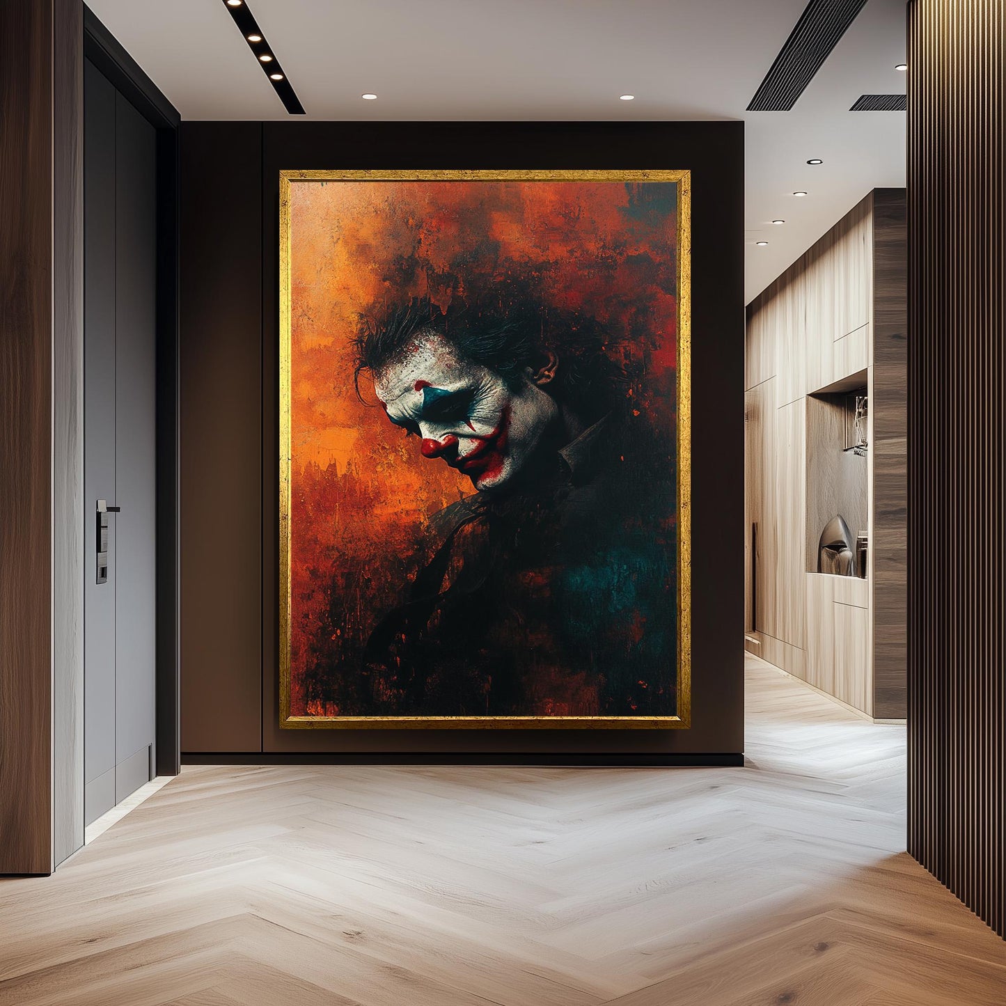 Sad Clown Canvas Wall Art  Emotional Abstract Painting with Fiery Orange Background, Gothic Home Decor or Unique Pop Culture Gift Clown Art