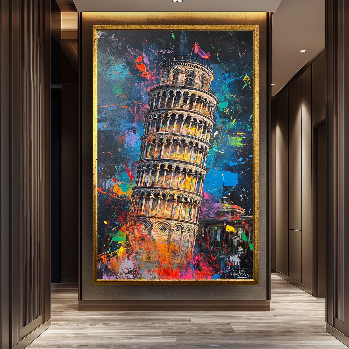Colorful Leaning Tower of Pisa Wall Art Print, Vibrant Italy Landmark Canvas, Modern Abstract Travel Decor, Urban Splash Painting Poster