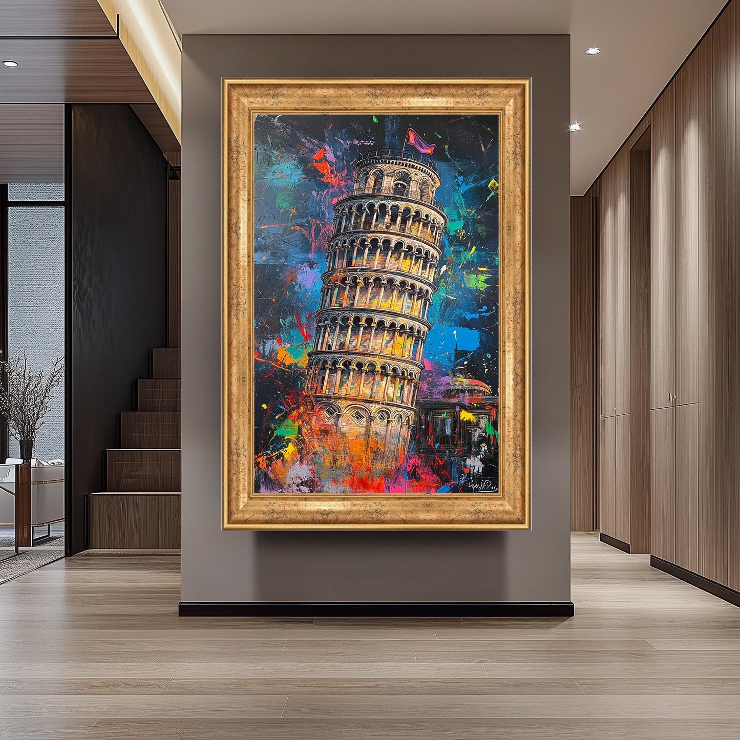 Colorful Leaning Tower of Pisa Wall Art Print, Vibrant Italy Landmark Canvas, Modern Abstract Travel Decor, Urban Splash Painting Poster