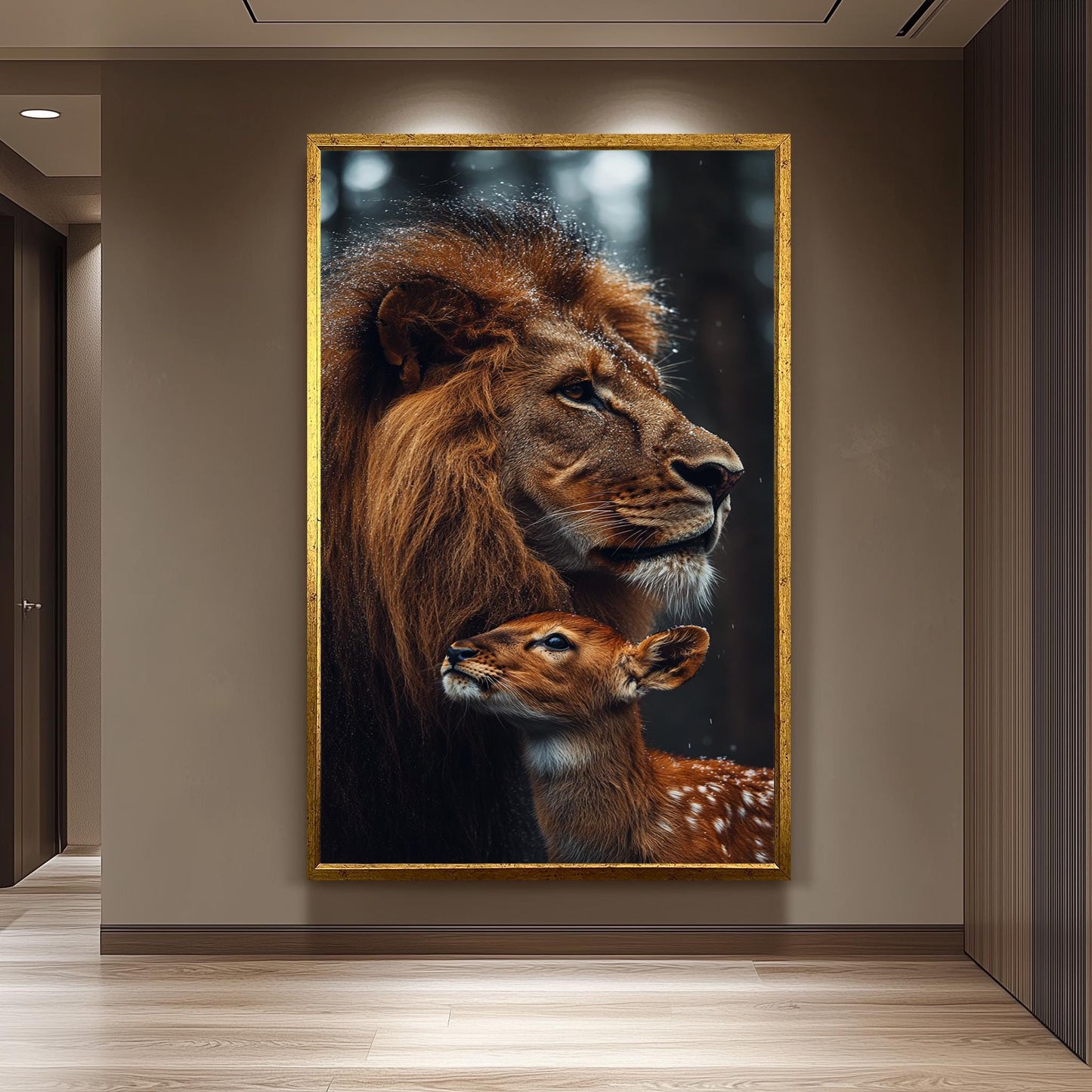 Majestic Lion and Baby Deer Wall Art Print, Unique Wildlife Photography Poster, Forest Lion And Deer Wall Art, Animal Painting, Forest Art