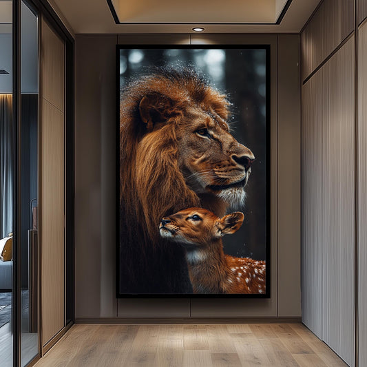 Majestic Lion and Baby Deer Wall Art Print, Unique Wildlife Photography Poster, Forest Lion And Deer Wall Art, Animal Painting, Forest Art