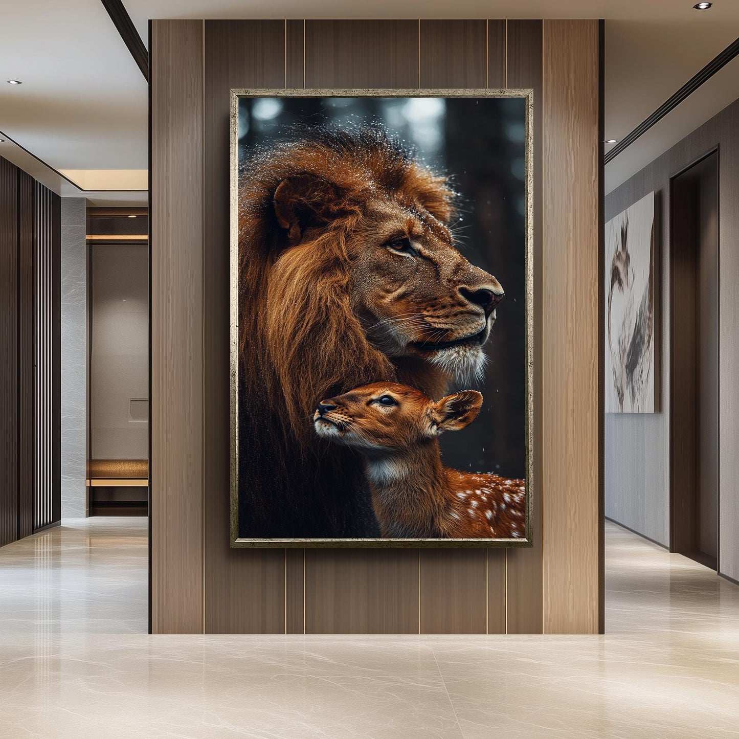 Majestic Lion and Baby Deer Wall Art Print, Unique Wildlife Photography Poster, Forest Lion And Deer Wall Art, Animal Painting, Forest Art