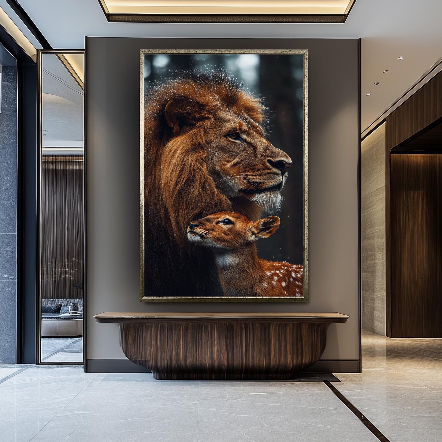 Majestic Lion and Baby Deer Wall Art Print, Unique Wildlife Photography Poster, Forest Lion And Deer Wall Art, Animal Painting, Forest Art