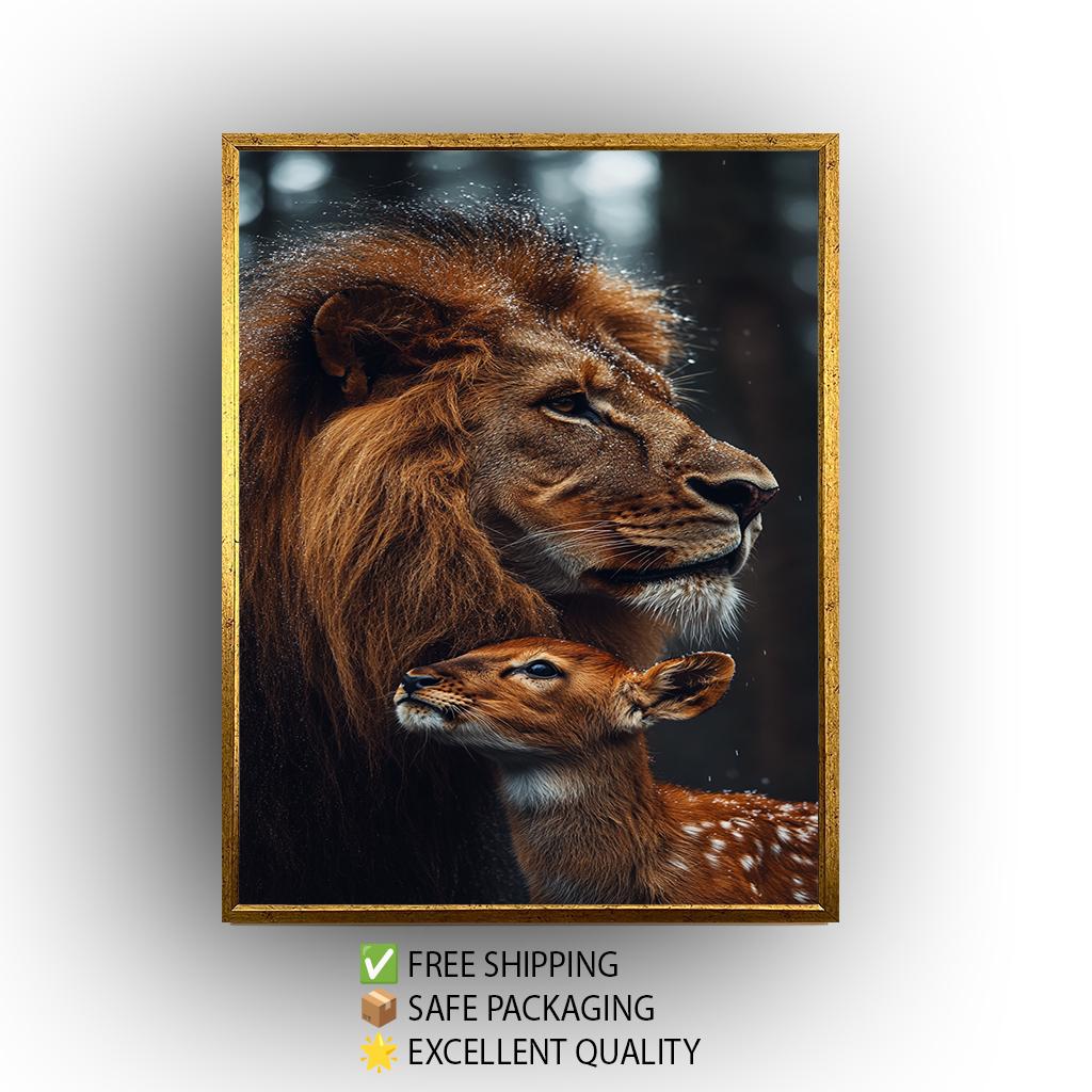 Majestic Lion and Baby Deer Wall Art Print, Unique Wildlife Photography Poster, Forest Lion And Deer Wall Art, Animal Painting, Forest Art