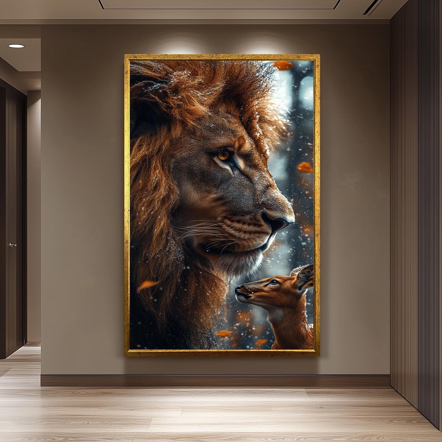 Lion and Deer Winter Forest Canvas Art Print: Wildlife Photography