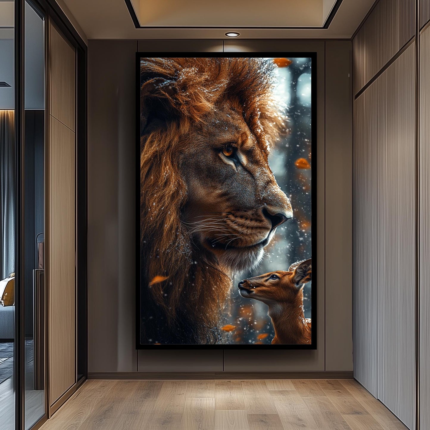 Lion and Deer Winter Forest Canvas Art Print: Wildlife Photography