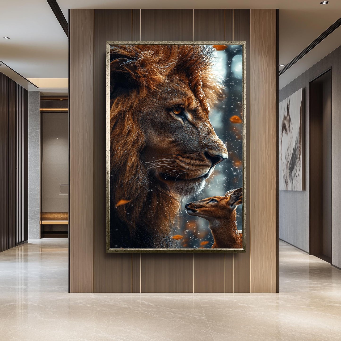 Lion and Deer Winter Forest Canvas Art Print: Wildlife Photography