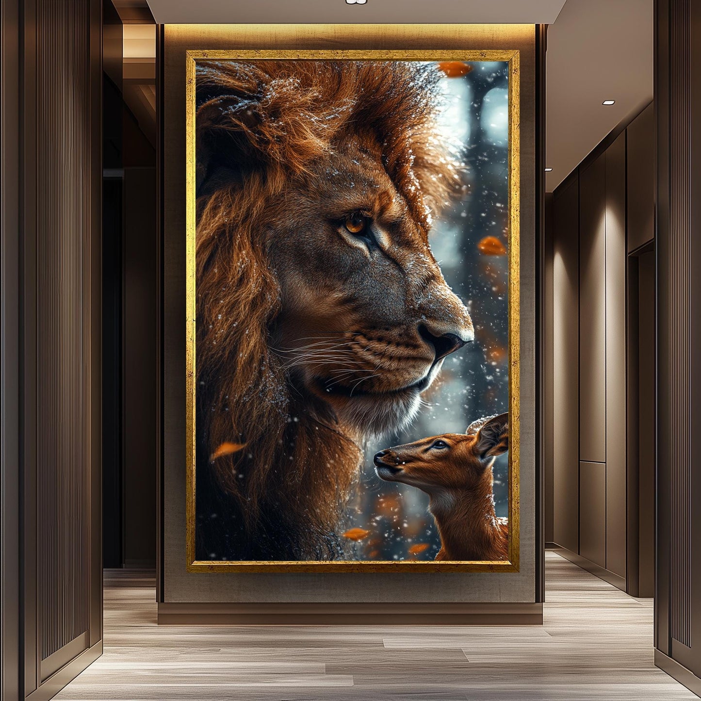 Lion and Deer Winter Forest Canvas Art Print: Wildlife Photography