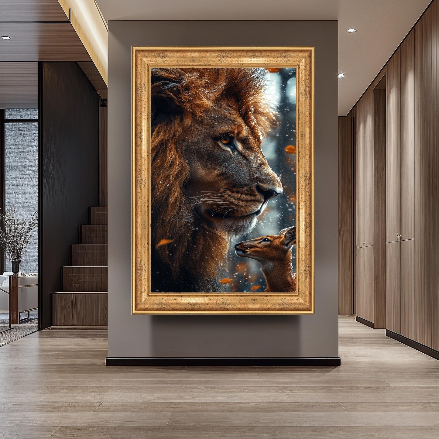 Lion and Deer Winter Forest Canvas Art Print: Wildlife Photography