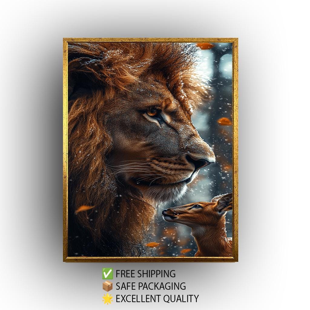 Lion and Deer Winter Forest Canvas Art Print: Wildlife Photography