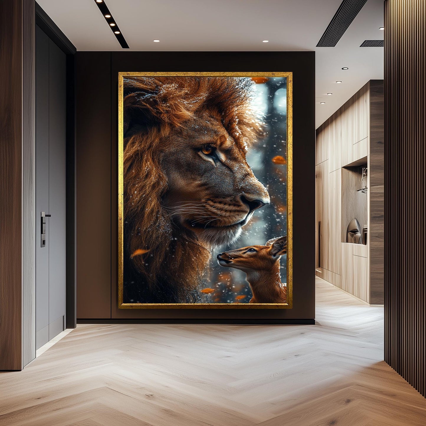 Lion and Deer Winter Forest Canvas Art Print: Wildlife Photography