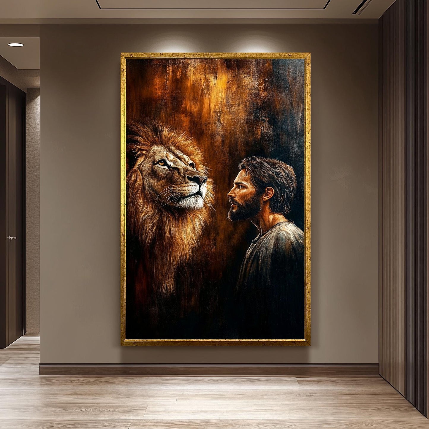 Jesus and Lion Spiritual Wall Art Print, Christian Religious Painting Poster, Symbolic Strength and Faith Canvas, Inspirational Home Decor
