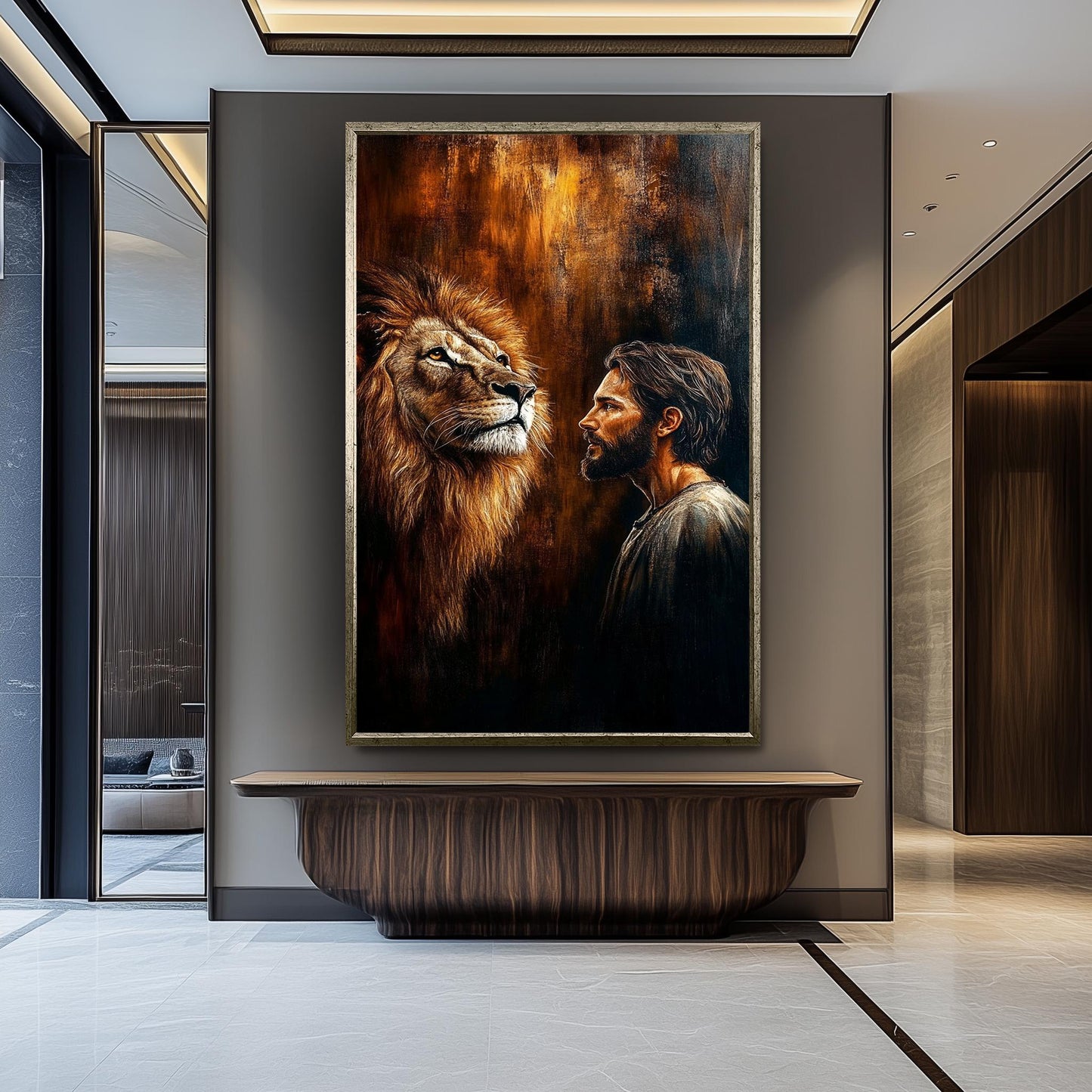 Jesus and Lion Spiritual Wall Art Print, Christian Religious Painting Poster, Symbolic Strength and Faith Canvas, Inspirational Home Decor