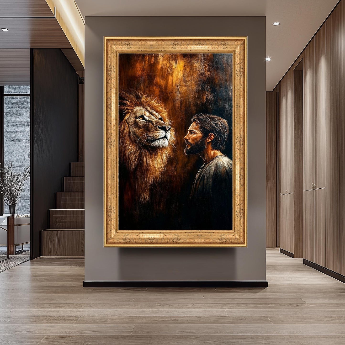 Jesus and Lion Spiritual Wall Art Print, Christian Religious Painting Poster, Symbolic Strength and Faith Canvas, Inspirational Home Decor