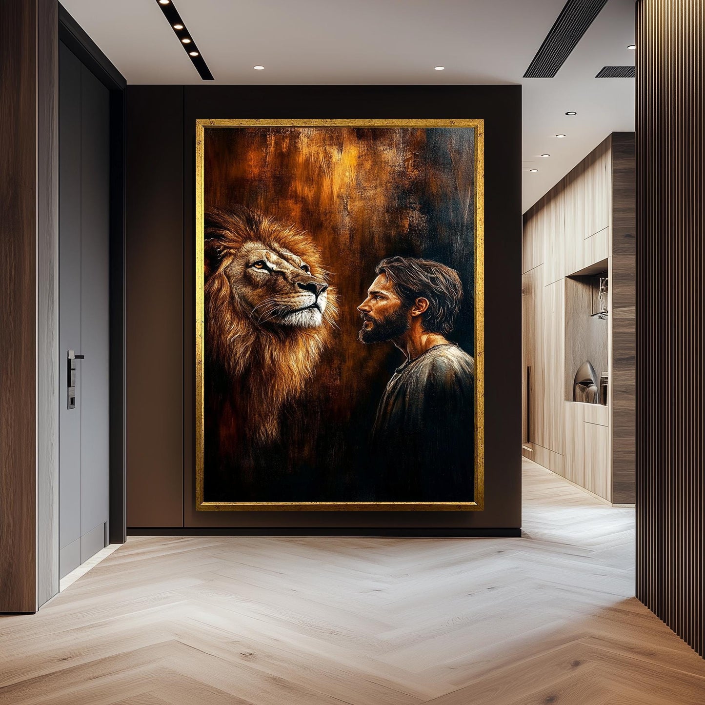 Jesus and Lion Spiritual Wall Art Print, Christian Religious Painting Poster, Symbolic Strength and Faith Canvas, Inspirational Home Decor
