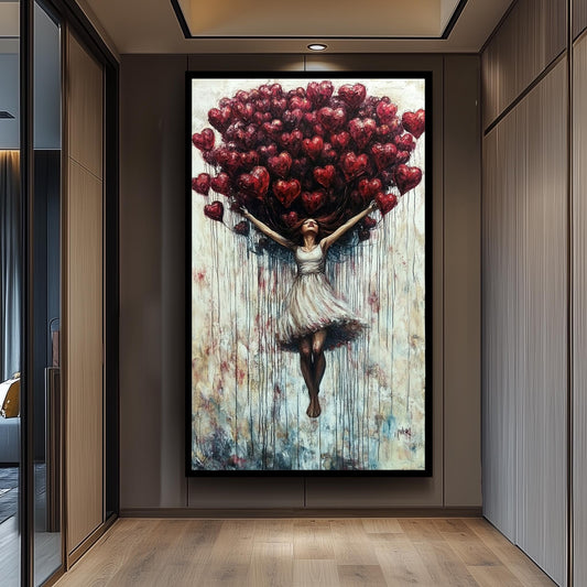 Woman with Heart Balloons Canvas Painting: Romantic Figurative Wall Art