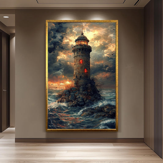 Mystical Lighthouse Wall Art Fantasy Ocean Tower Canvas Print, Dramatic Stormy Sea Painting for Nautical Themed Room Décor, Tower Wall Art.