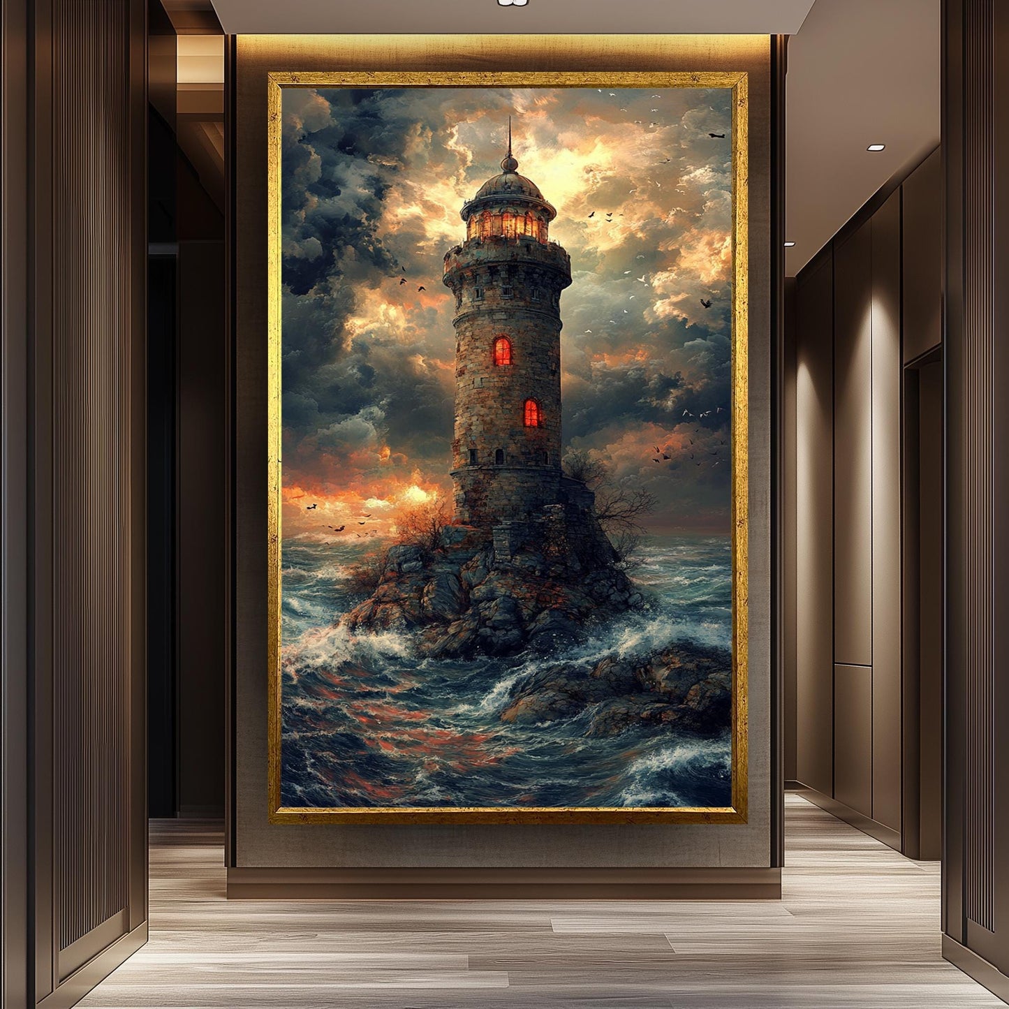 Mystical Lighthouse Wall Art Fantasy Ocean Tower Canvas Print, Dramatic Stormy Sea Painting for Nautical Themed Room Décor, Tower Wall Art.