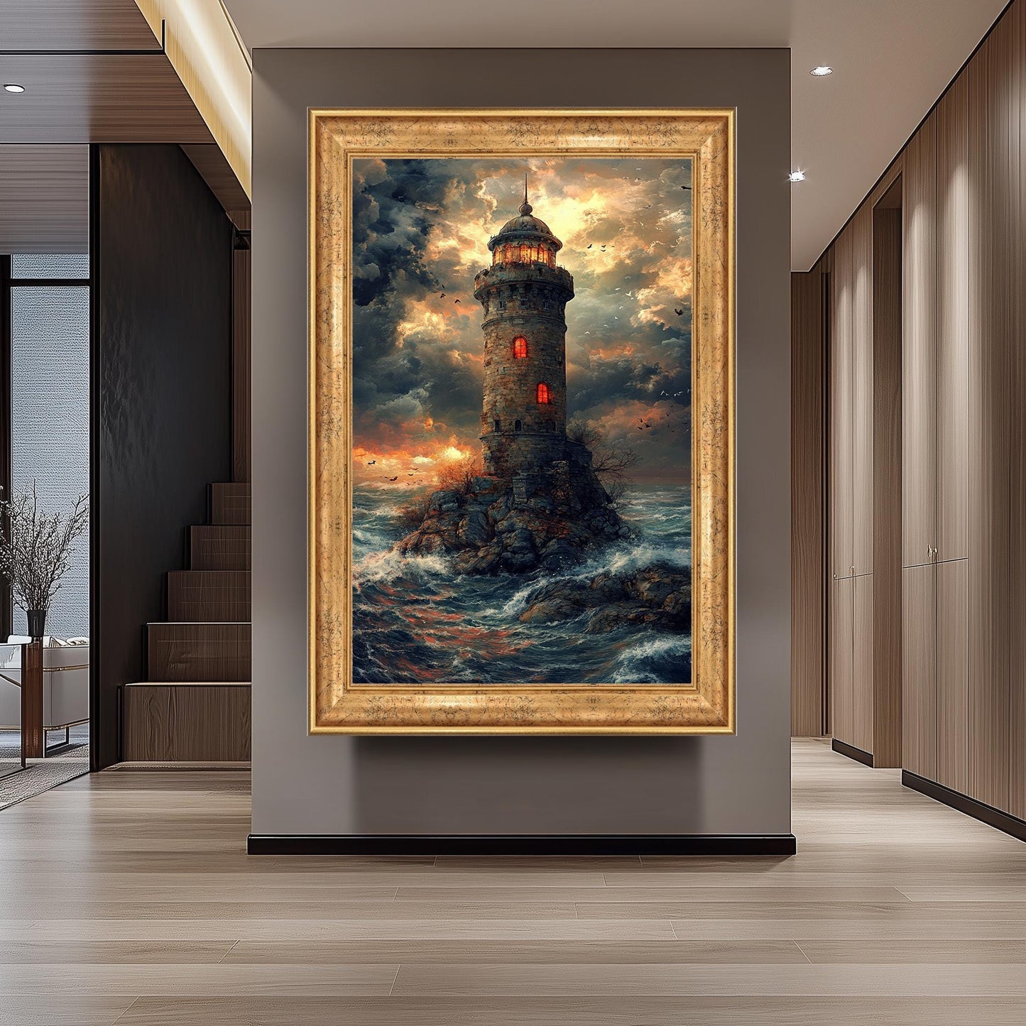 Mystical Lighthouse Wall Art Fantasy Ocean Tower Canvas Print, Dramatic Stormy Sea Painting for Nautical Themed Room Décor, Tower Wall Art.