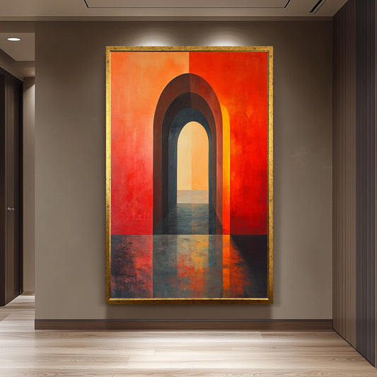 Minimalist Archway Wall Art Abstract Doorway Canvas Print, Bold Red and Orange Modern Architecture Painting for Contemporary Home Décor
